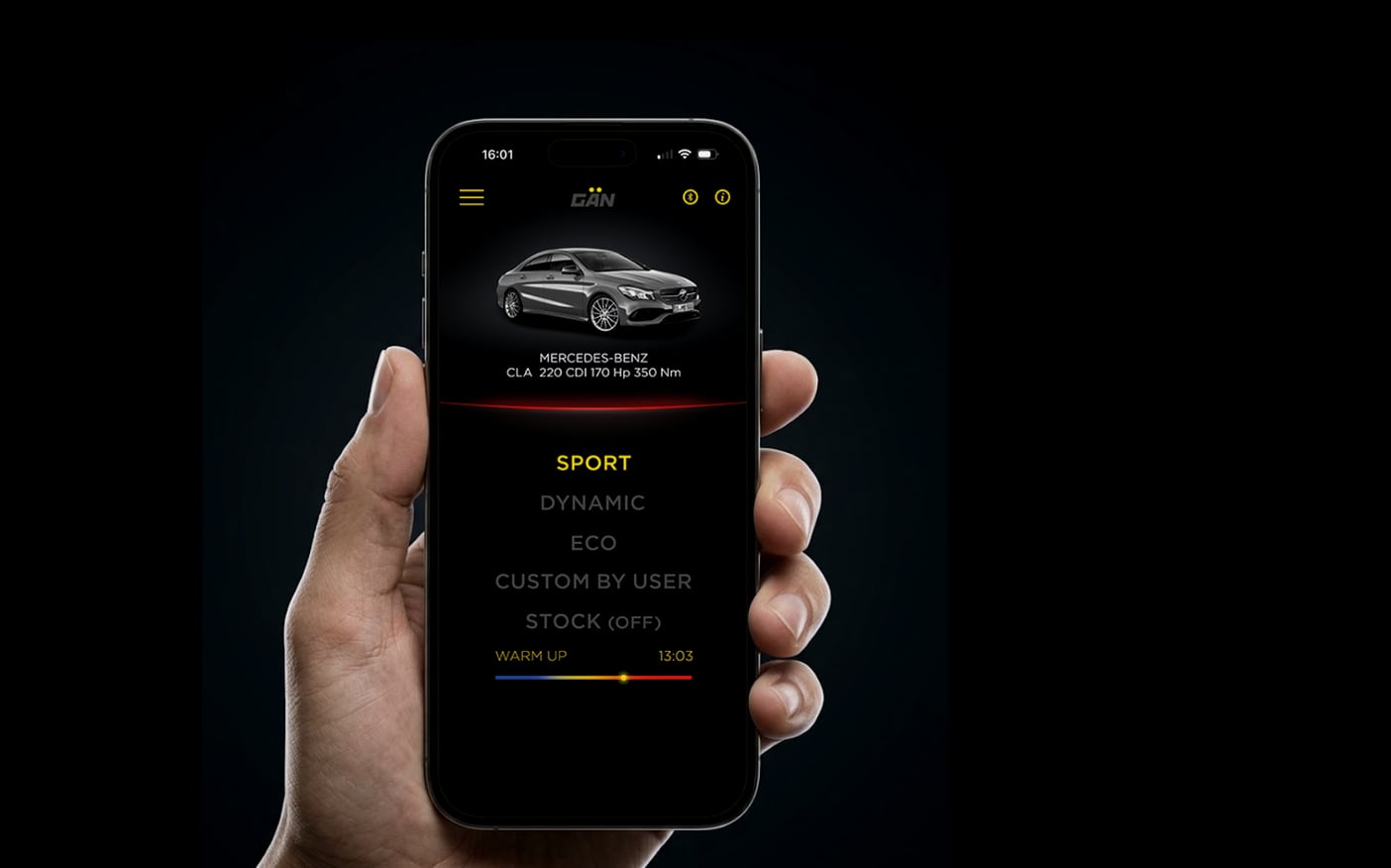 GÄN-App auf dem Smartphone: Modi SPORT, DYNAMIC, ECO, CUSTOM BY USER und STOCK