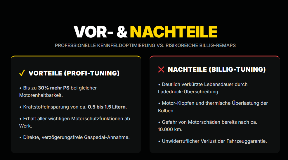 Grafik zum Vergleich von professionellem Kennfeld-Tuning (bis zu 30% mehr Leistung, erhaltene Schutzfunktionen) mit riskantem Billig-Tuning (Motorklopfen, Garantieverlust, Schäden bereits ab 10.000 km).